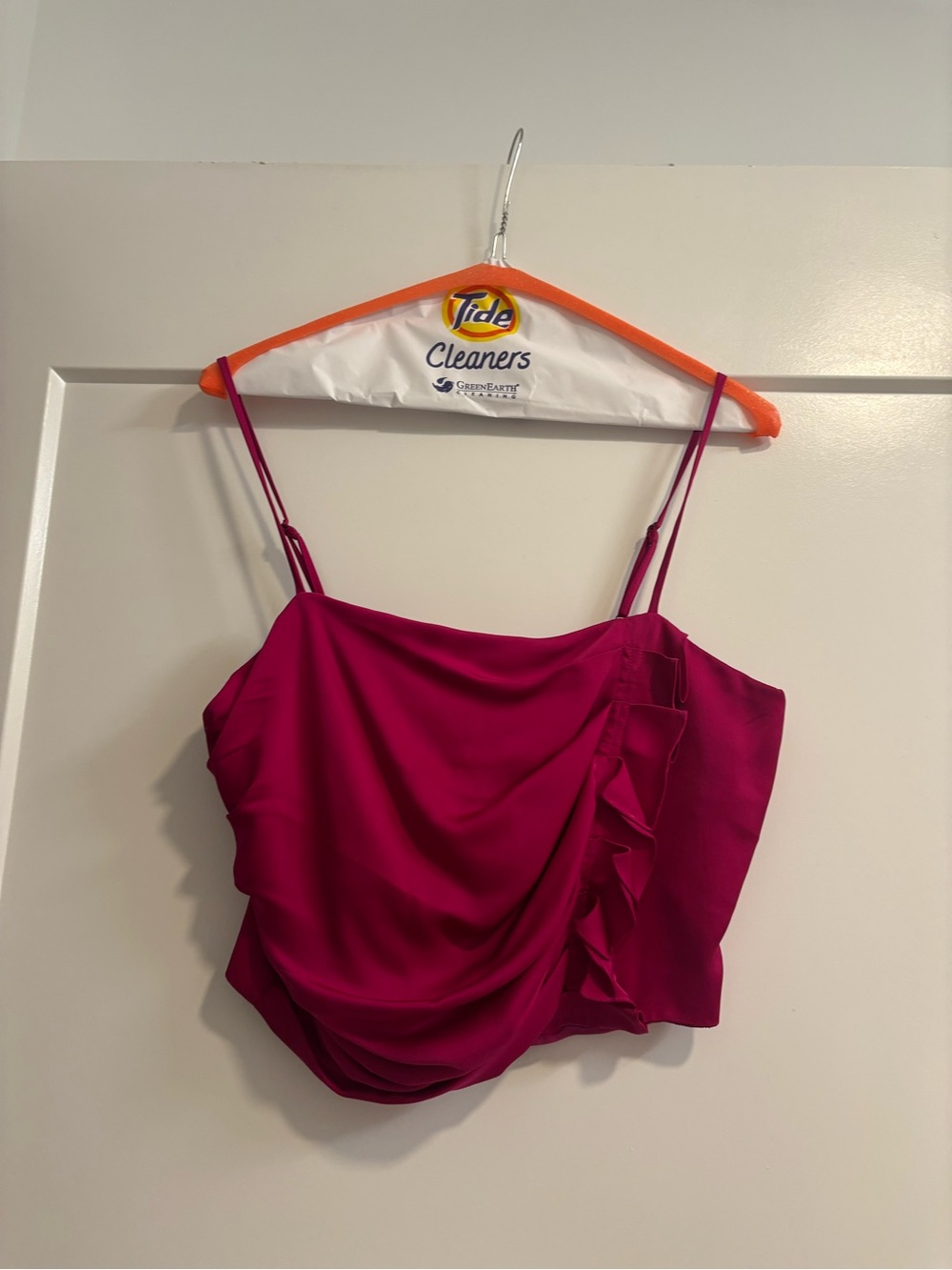 Ramy Brook Fuchsia Draped Satin Cami with Ruffle Detail